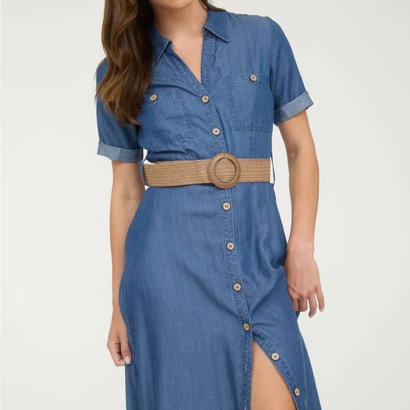 Blu Pepper Denim Blue Midi Dress with Tan Belt - Picture 2 of 5